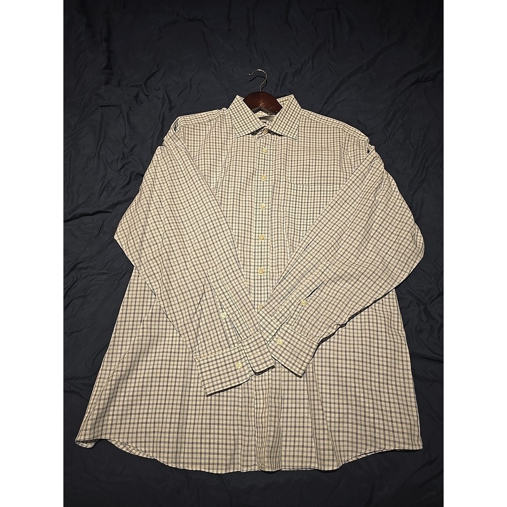 Hickey Freeman Mens 17.5 35‎ Blue White Check Cotton Button Down Dress Shirt